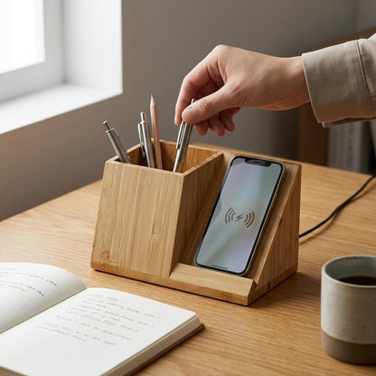 OhM-ega Bamboo Desk Organizer with Wireless Charing, Home Office Organizers for Desk, Wireless Charging Station with Pen Holder, 10W Fast Wireless Charging, Compatible with iPhone and Pixel