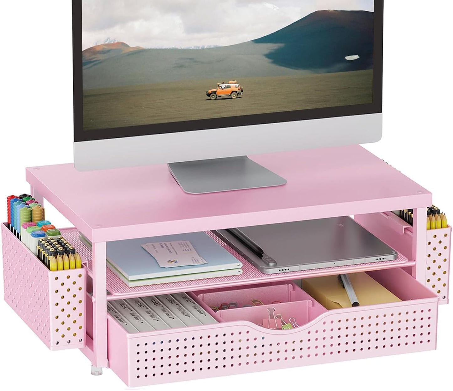 gianotter Wood Monitor Stand Riser, Office Desk Shelf Organizer, Desk Organizer with Drawer and Pen Holder, 2-Tier Computer Stand, Office Organization (Ink)