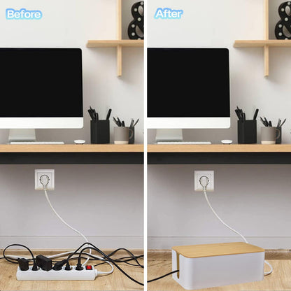Cable Management Box Organizer, Set of 3 Bamboo Lid Storage Wires Holder to Cover Hide Surge Protector, Power Strips & Cords- with 5 Cables Fastening Tapes for Home, Office, Desk, PC, TV, USB Hub