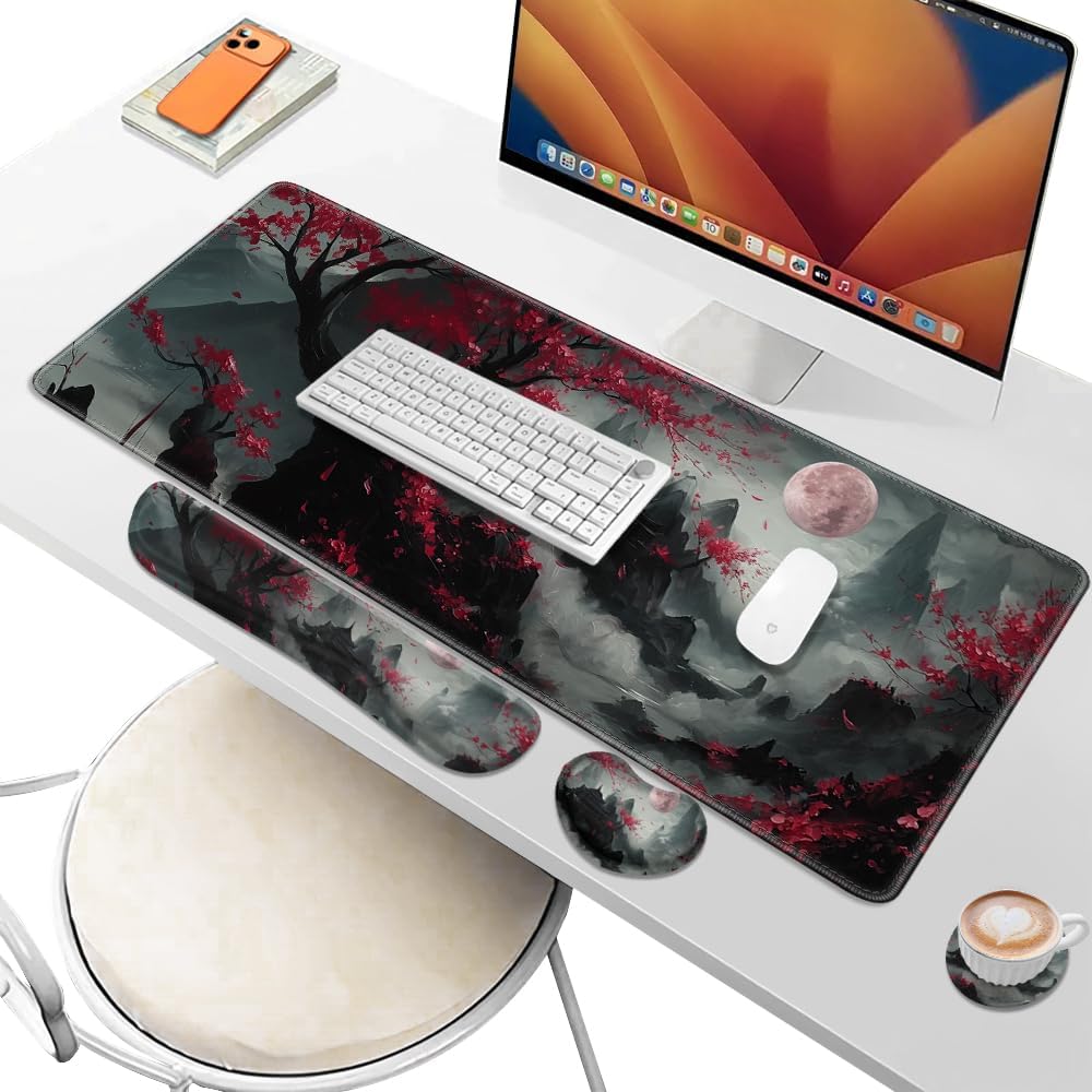Desk Pad and Keyboard Wrist Rest, Large Mouse Pad + Keyboard Pad+Mouse Wrist Support, Non-Slip Desk Mat Protector for Office, Home 31.5×11.8 Inches Anime Dragon