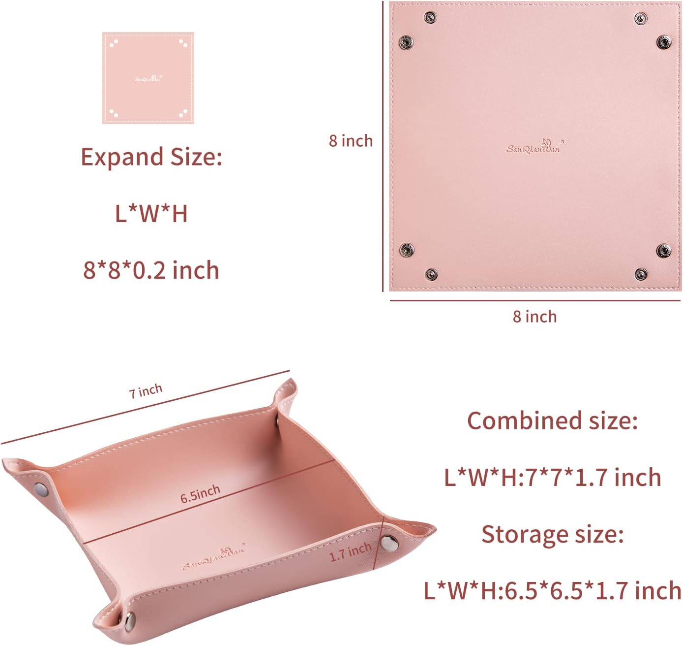 SANQIANWAN Leather Jewelry Valet Tray for Women and Man, Entryway Table Bedside Nightstand Desk Portable Small Catchall Travel Dish Plate for Key,Wallet,Watch,Phone,Coin(Pink-B)