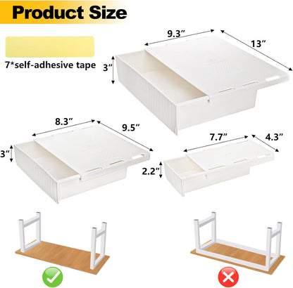 YOUEON 3 Pack Under Desk Drawer Slide Out, Self-Adhesive Under Table Drawer, Hidden Attachable Under Desk Storage Drawers, Stick on Drawers for Office, Home, School, White