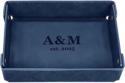 Engraved Leather Valet Tray for Men – Personalized Catchall with Custom Name for Desk, Dresser, Nightstand – Men's Organizer Tray for Keys, Wallet, Jewelry, Personalized Gift for Home, Office - Coffee