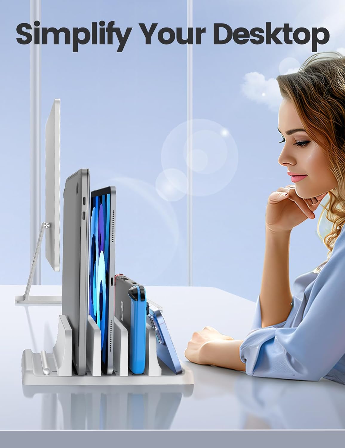 Vaydeer 3-Slot Vertical Laptop Stand Organizer, Laptop Storage Holder Made of Premium ABS Plastics 5 in 1 Design,Desktop Space-Saving Adjustable Desk Organizer for All MacBook/Chromebook/Surface