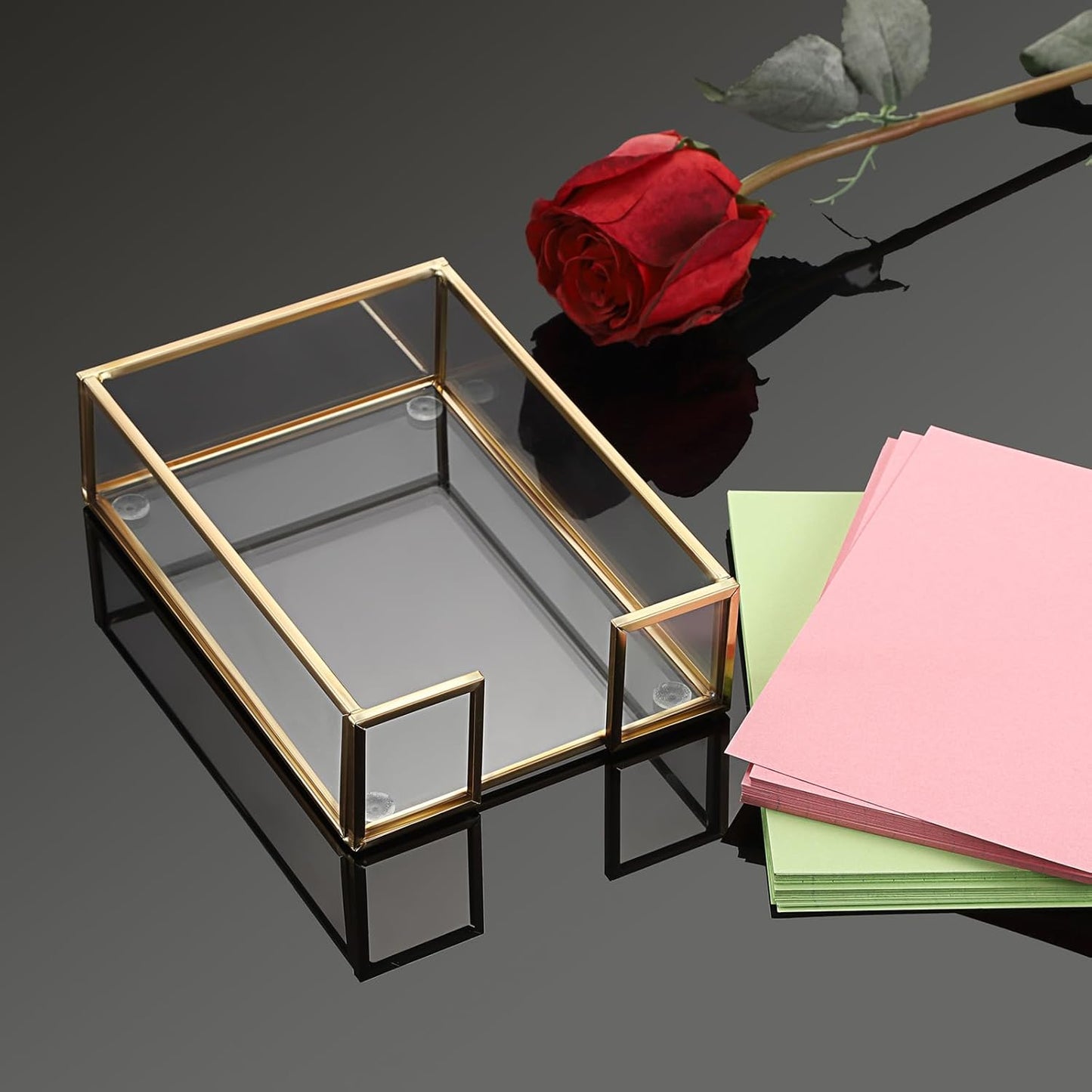 BTSKY Golden Glass 3x3 Inch Sticky Note Holder with Pen Slot, Elegant Post It Note Dispenser with Non-Slip Pads Clear Notepad Holder for Desk Organization Planning, Home Office Decor