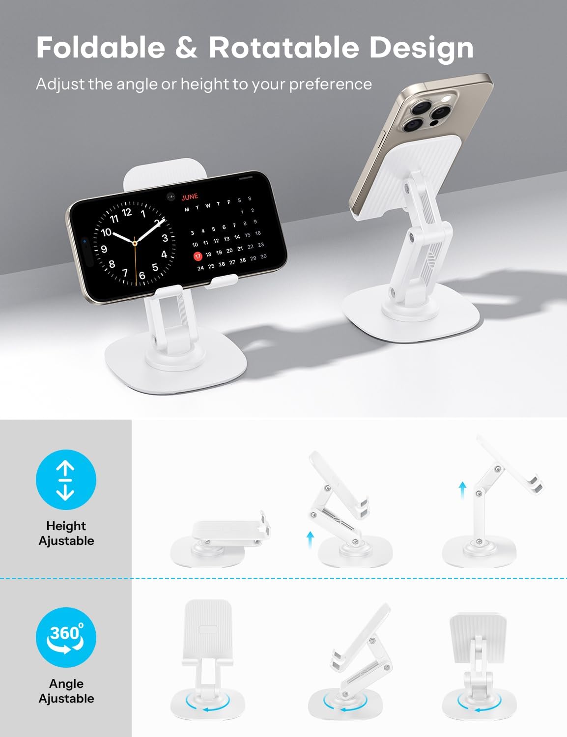 OMOTON Cell Phone Stand for Desk, 2 Pack Adjustable Foldable Phone Holder, 360 Swivel Mobile Stand Fit for iPhone 17 16 15 14 13 Pro Max and All Smart Phones, Black & White