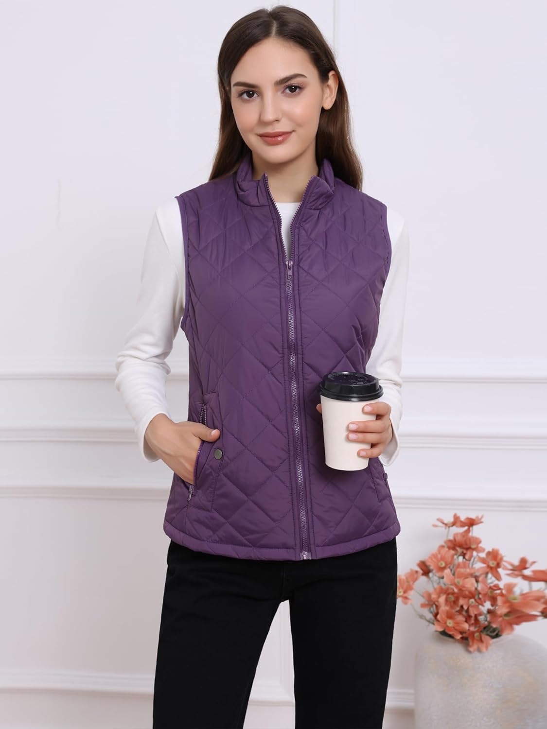 Allegra K Women's Puffer Vest Stand Collar Lightweight Gilet Quilted Zip Vest