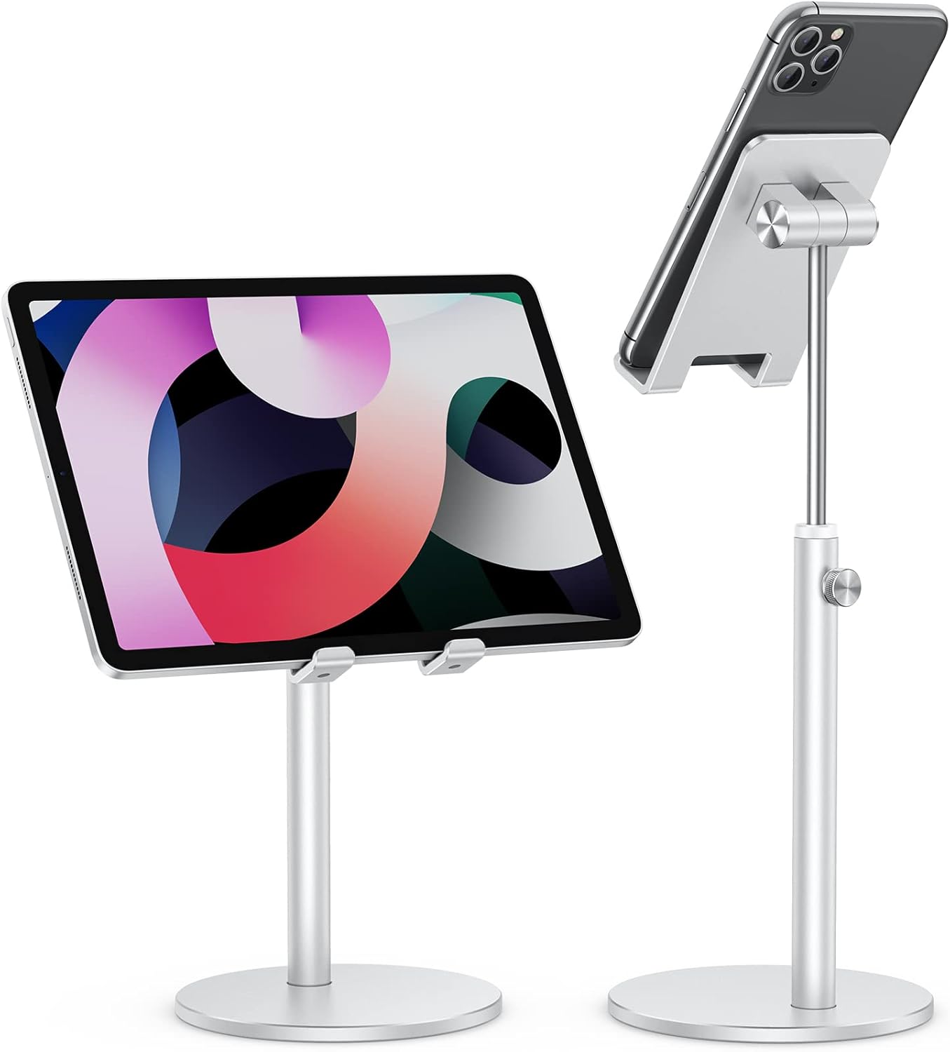 OMOTON Cell Phone Stand, Angle Height Adjustable Phone Holder, Aluminum Desktop Phone Dock for Desk, Compatible with iPhone 17 Pro Max, All Smartphones and Tablets(4-11''), Silver