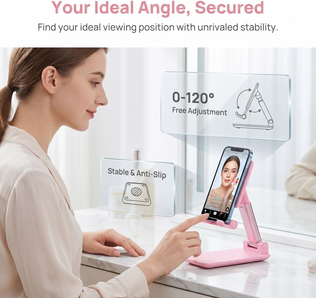 Cell Phone Stand, Angle Height Adjustable Cell Phone Holder with Silicon Pad for Desk Fully Forldable Mobile Phone Holder Compatible with All Mobile Phones, MT-6, (White)