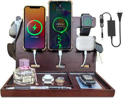Wood Phone Docking Station with Drawer Nightstand Organizer for Men Dual Phone Charging Station for iPhone Samsung Google Desk Organizers Anniversary Birthday Gifts for Men Dad Him Husband