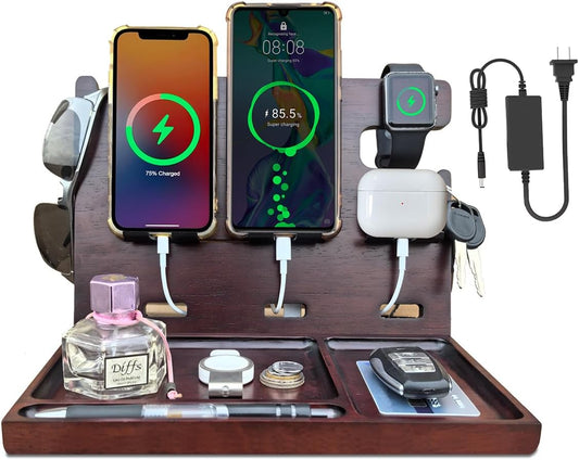 Wood Phone Docking Station with Drawer Nightstand Organizer for Men Dual Phone Charging Station for iPhone Samsung Google Desk Organizers Anniversary Birthday Gifts for Men Dad Him Husband