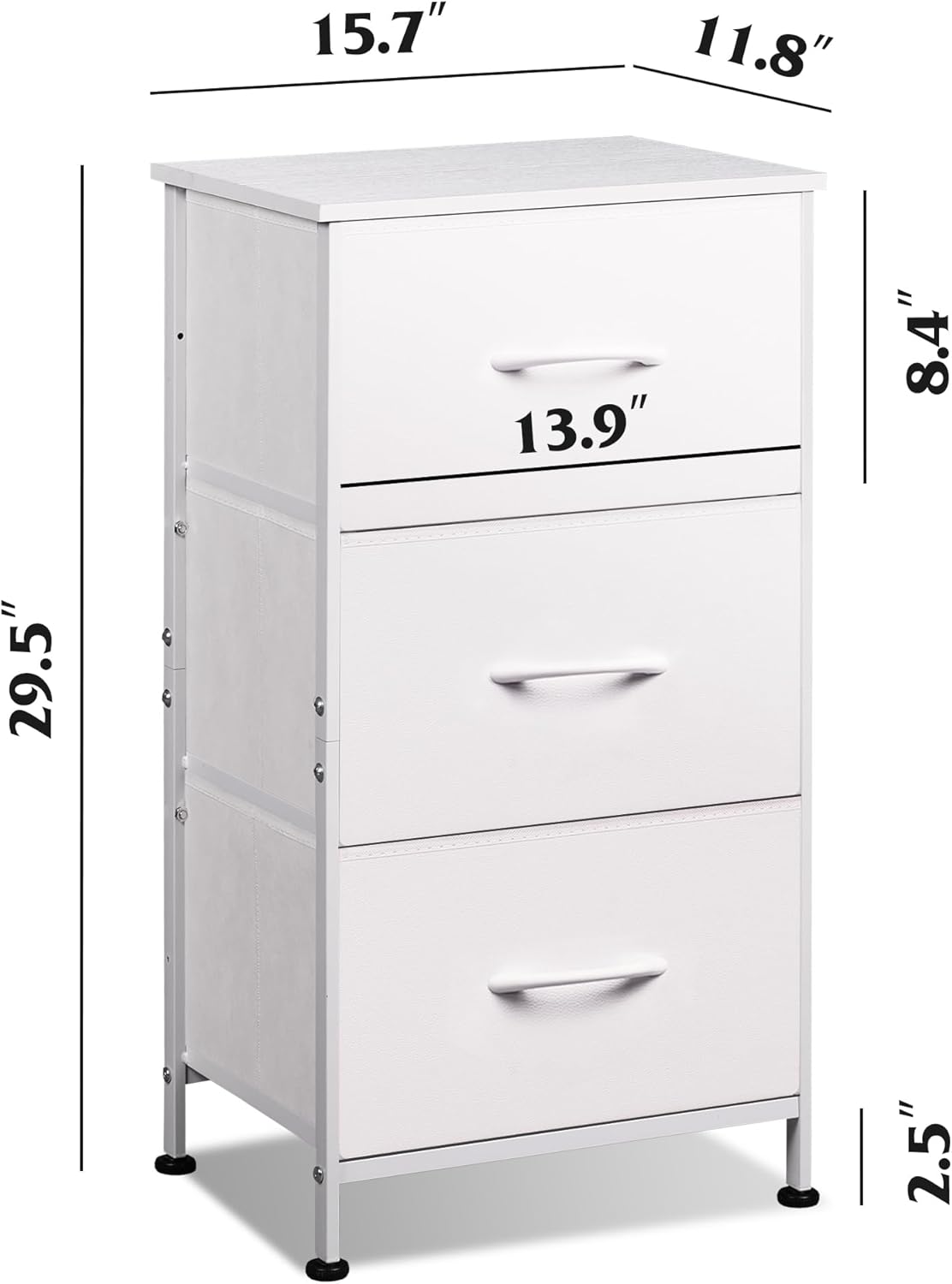 WLIVE Dresser with 3 Drawers, Fabric Nightstand, Cabinet with Wheels, Organizer Storage Dresser for Bedroom, Office, Entryway, Closets, Sturdy Steel Frame, Wood Top, Easy Pull Handle, White