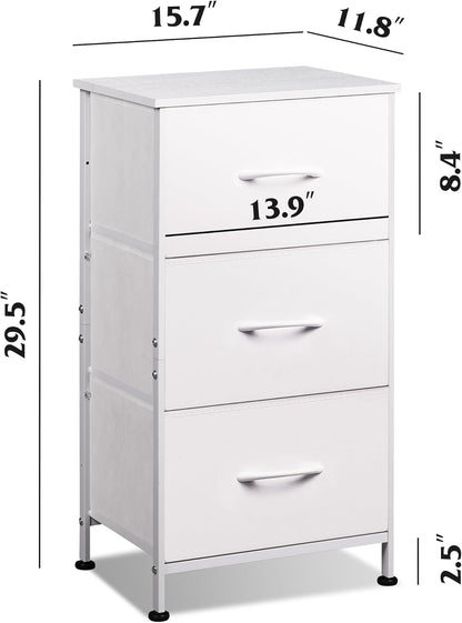 WLIVE Dresser with 3 Drawers, Fabric Nightstand, Cabinet with Wheels, Organizer Storage Dresser for Bedroom, Office, Entryway, Closets, Sturdy Steel Frame, Wood Top, Easy Pull Handle, White