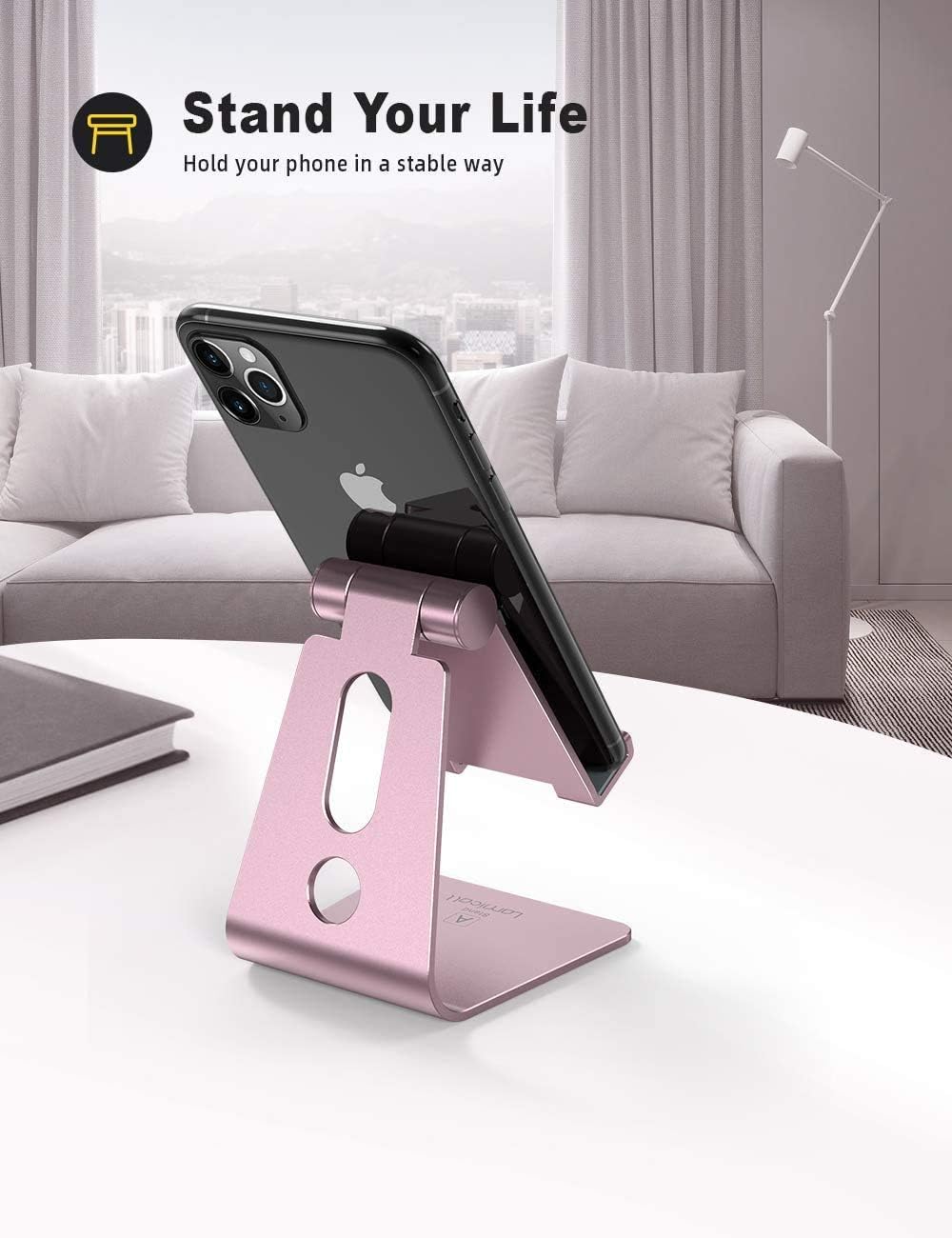 Lamicall Adjustable Cell Phone Stand, Desk Phone Holder, Cradle, Dock, Compatible with iPhone 17 16 15 14 Air Plus Pro Pro Max 13 12 X XS, 4-8" Phones, Office Accessories Gifts, All Smartphone, Black