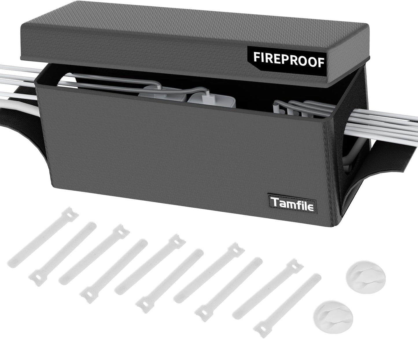 Tamfile Cable Management Box, Fireproof Foldable Cord Organizer and Cover, Heat Resistant Large Power Strip Organizer for TV Wires, Computer and USB Hub with Cable Clips & Reusable Cable Ties (Black)