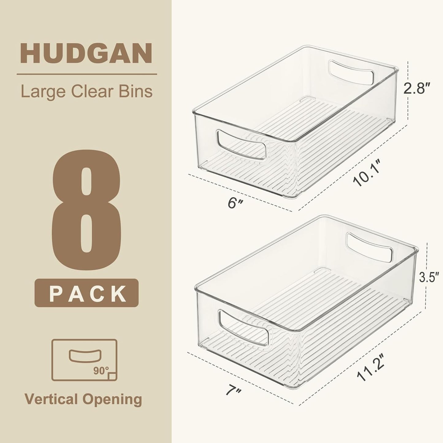 Hudgan 8 Pack Pantry Organizer and Storage, 2 Extra Large Stackable Freezer Organizer Bin, 3 Large Clear Storage Bin and 3 Medium Plastic Container for Home Edit, Kitchen Cabinet, Bathroom Shelf