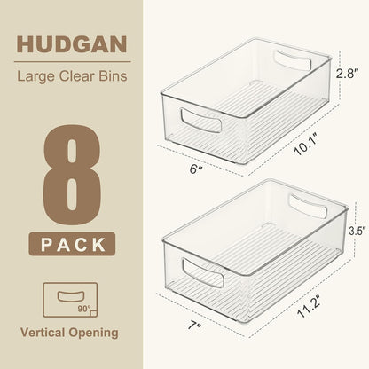 Hudgan 8 Pack Pantry Organizer and Storage, 2 Extra Large Stackable Freezer Organizer Bin, 3 Large Clear Storage Bin and 3 Medium Plastic Container for Home Edit, Kitchen Cabinet, Bathroom Shelf