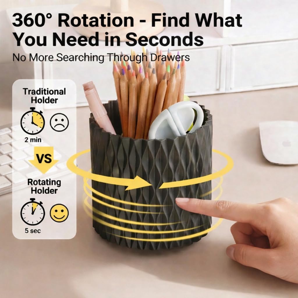 Black Pen Holder for Desk, 360° Rotating Pen Organizer with 5 Slots - Spinning Pencil Holder & Pencil Cup for Office, Art Supply, Makeup Brush - Desk Organizer for Home, School