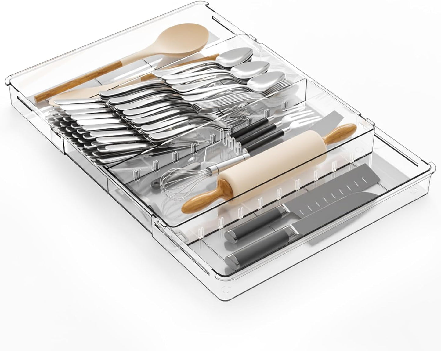 Yieach Clear Expandable Silverware Drawer Organizer - Adjust From 11'' to 22'' - Knife,Cutlery,Spoons and Forks Organizer,Large 8 Grid Flatware,Silverware Tray,Utensil Organizer for Kitchen Drawers