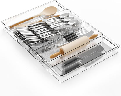 Yieach Clear Expandable Silverware Drawer Organizer - Adjust From 11'' to 22'' - Knife,Cutlery,Spoons and Forks Organizer,Large 8 Grid Flatware,Silverware Tray,Utensil Organizer for Kitchen Drawers