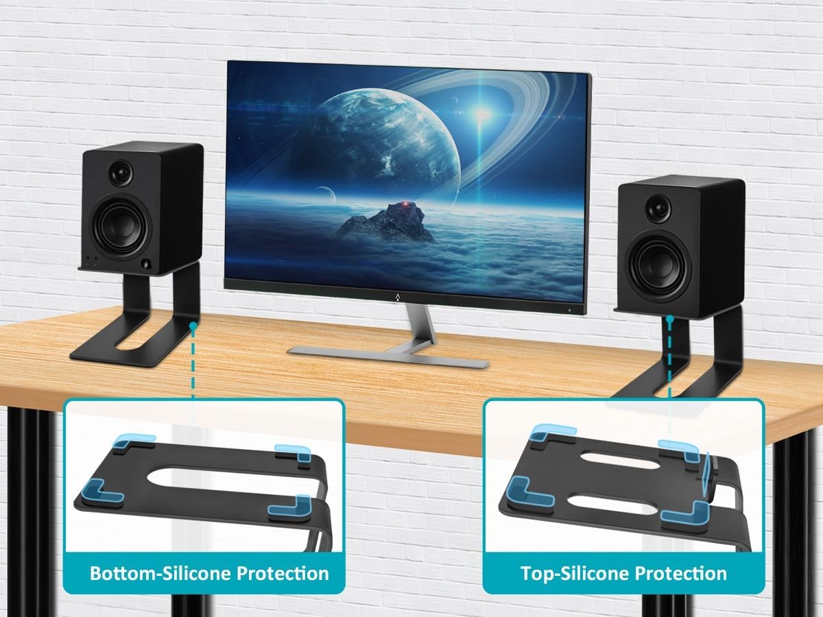 Monoprice Tilted Metal Desktop Bookshelf Speaker Stands Risers Pair with Vibration Absorption Pads, Supports up to 33lbs with 10° of Tilt, Perfect for Most Fit Bookshelf Speakers and Studio Monitors