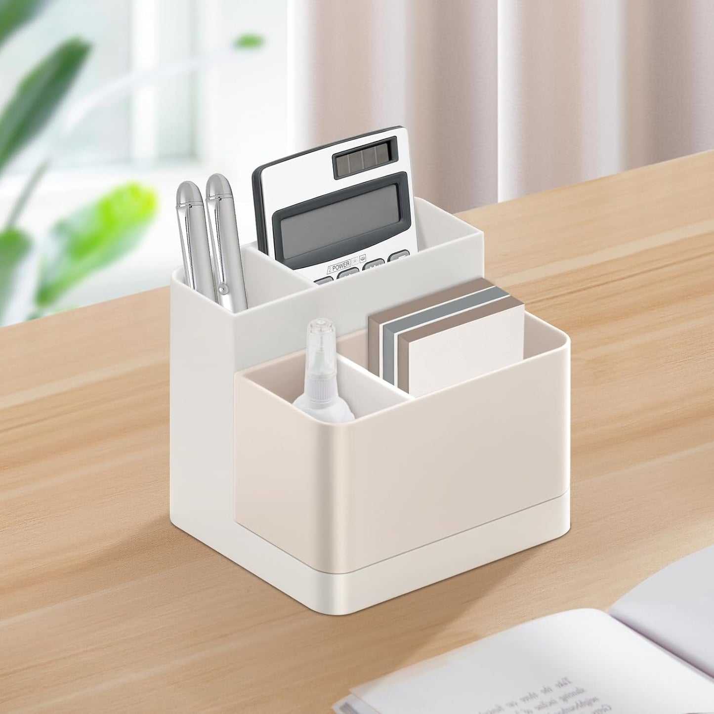 Poeland Desktop Storage Organizer, Pen and Pencil Cases Boxes, Pen or Pencil Holder Box Container for Desk, Office Supplies, Vanity Table Tan