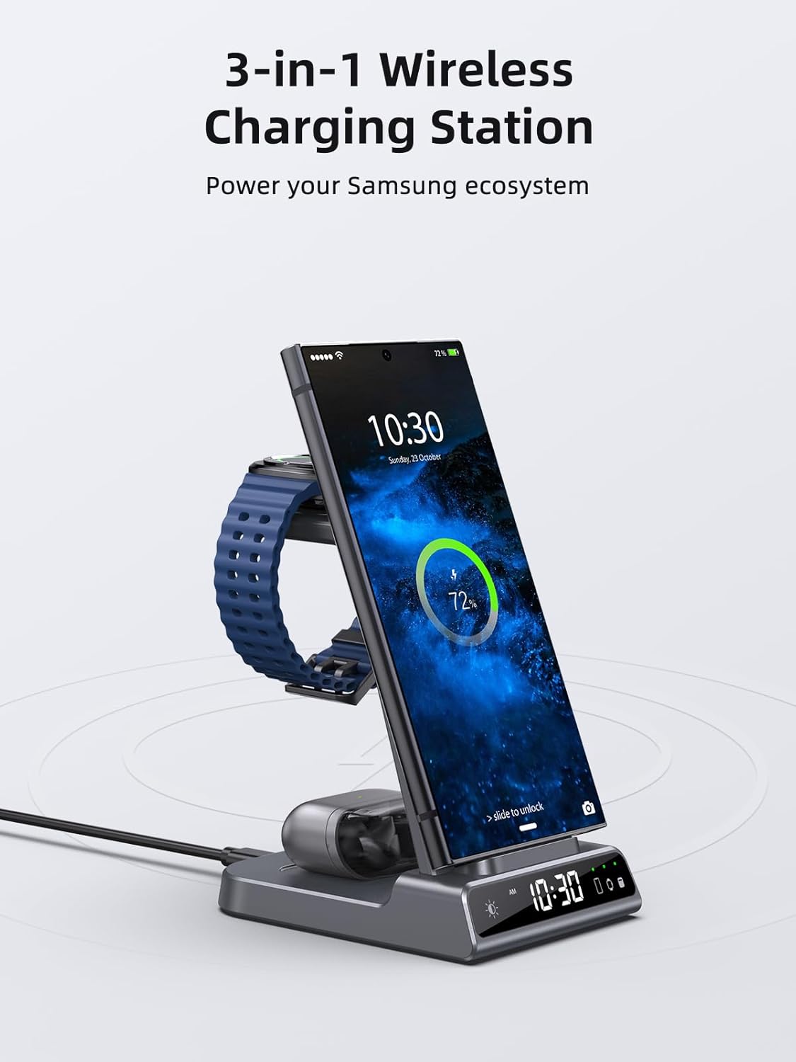 Wireless Charger for Samsung Charging Station: 3 in 1 Android Charging Stand with Dimmable Clock - Nightstand Organizer for Galaxy S25 Ultra, Galaxy Watch 8 7 6 5 4, Galaxy Buds, Space-Saving Charger