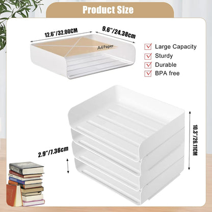 Clear Stackable Paper Trays 4 Pack, PET Letter Tray Desk Organizer, Desktop Organizers and Storage for Books, Magazines, Folders, A4 Size File Paper, Office Supplies