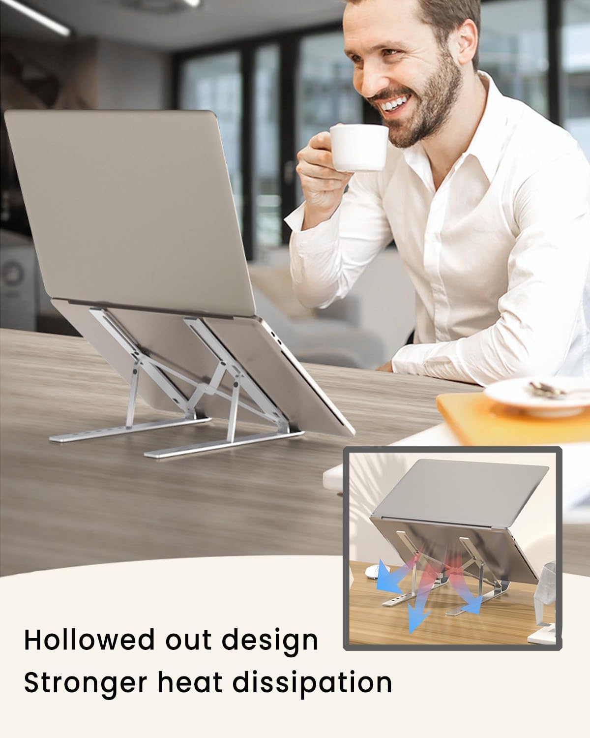 Adjustable Aluminum Alloy Laptop Stand for Desk, Portable Laptop Riser with 6-Level Height, Foldable Ergonomic Laptop Holder, for 10-15.6” Laptops and Tablets - Black