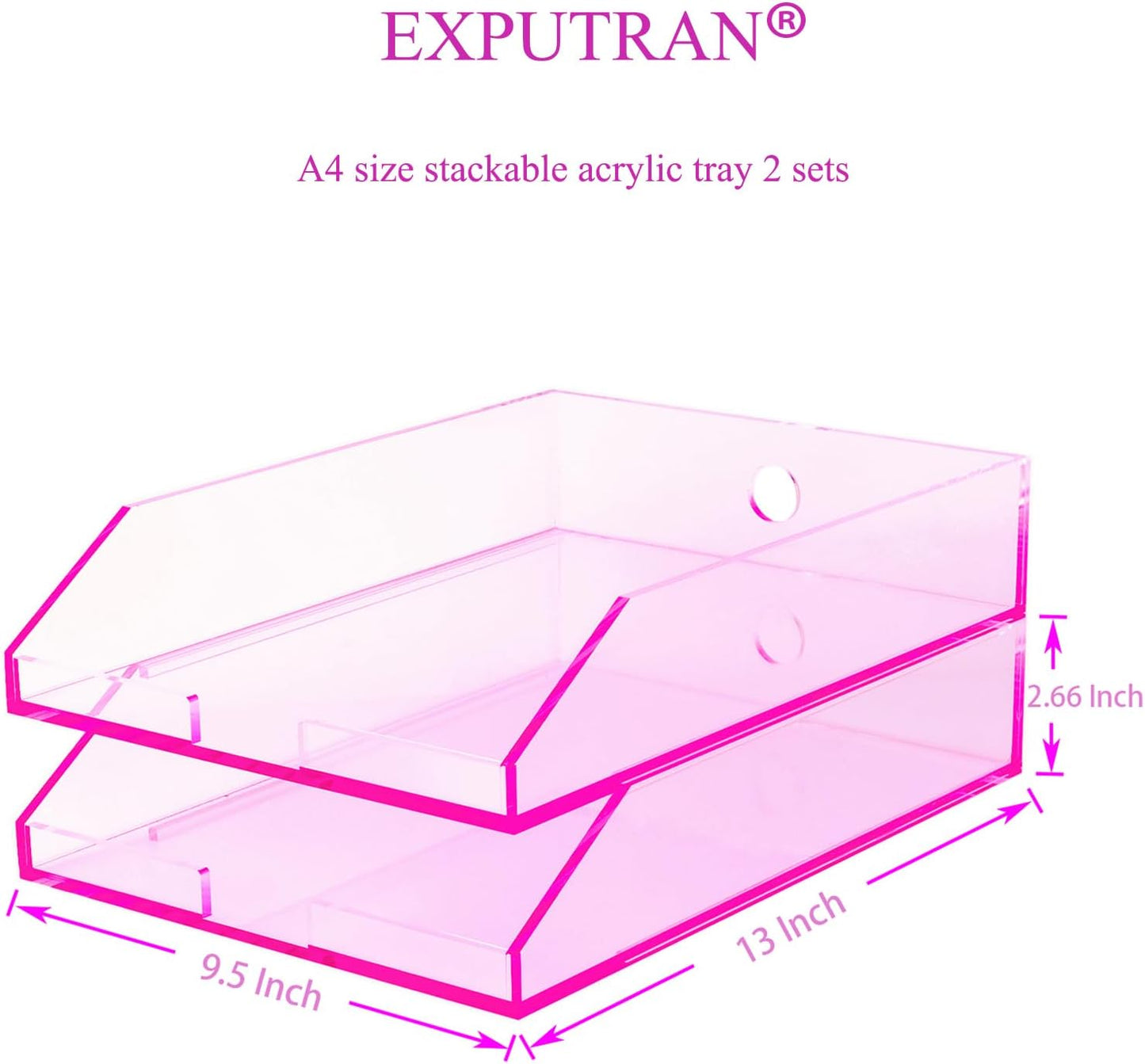 (2pcs Pack) Stackable Pink Acrylic Paper Trays, Desk File Organizer, A4 Paper Holder, Letter Tray