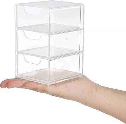 Hipiwe Acrylic Drawer Organizer Qtip Holder for Cotton Pad Cotton Swabs Makeup Storage Drawer with 3 Drawers Clear Desk Drawers Box Bathroom Counter Organizer for Home Office