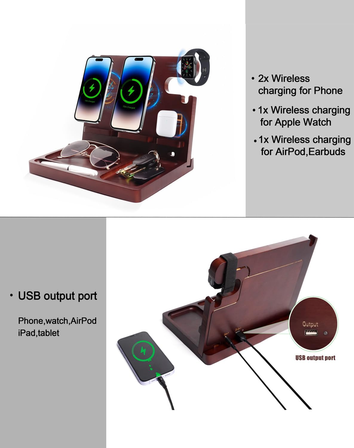 Nightstand Organizer with 4 Wireless Charger for 2 iPhone/Android Phone,Apple Watch,Airpod,Wood Phone Docking Station,27W Fast Wireless Charging Station,Wallet/Key Holder,Gifts for Dad/Men