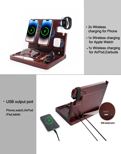 Nightstand Organizer with 4 Wireless Charger for 2 iPhone/Android Phone,Apple Watch,Airpod,Wood Phone Docking Station,27W Fast Wireless Charging Station,Wallet/Key Holder,Gifts for Dad/Men