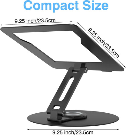 Swivel Laptop Stand for Desk, Adjustable Height Aluminum Computer Stand with 360 Rotating Base, Foldable Ergonomic Riser, Portable Laptop Holder Compatible with MacBook, All Laptops 10-17'', Grey