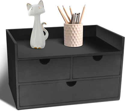 Charmewooden Bamboo Desk Organizer 3 Drawer with Shelf, Countertop Organizer with Drawers Makeup Storage Drawer 3 Drawers Tabletop Storage Organization Box Home Office Workspace（White）