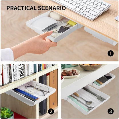 YOOUSOO 2 Pack Under Desk Storage Drawer Organizer, Hidden Slide Out Drawer Attachment, with Self - Adhesive Feature for Desktop and Table Organization, Hidden Under Desk