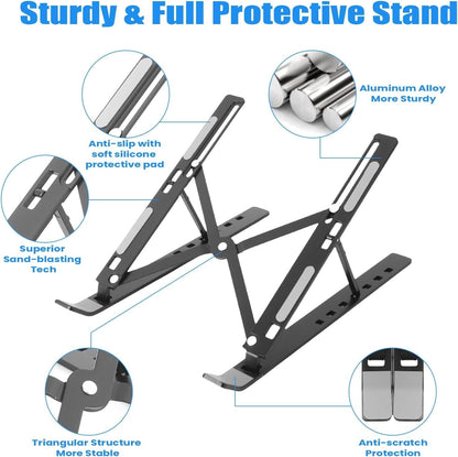 Premium Portable Aluminum Laptop Stand for Desk, 7 Angles Adjustable Tilt, Heavy-Duty Laptop Riser, Foldable, Slim & Lightweight Travel-Friendly Stand for Desk & Workstation, Black