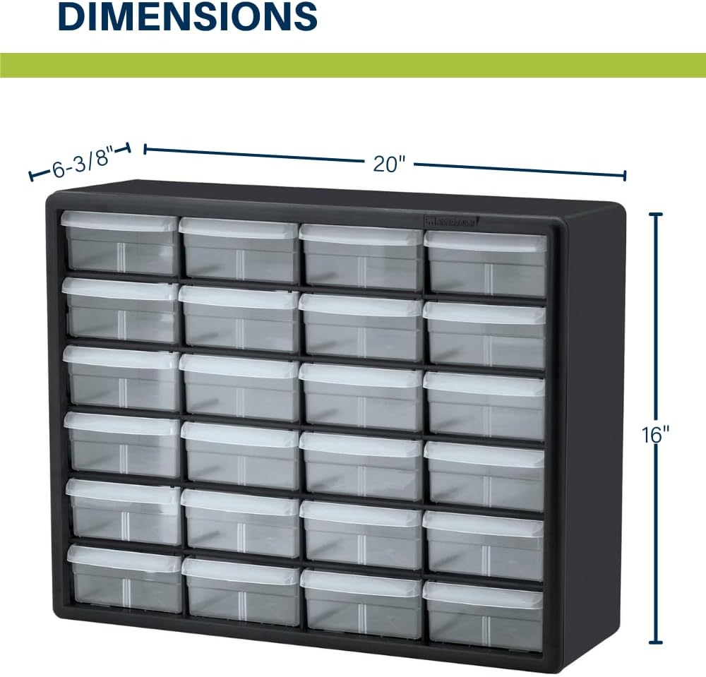 Akro-Mils 24-Drawer Plastic Drawer Storage Cabinet for Garage Organization, Bead Organizer, Building Bricks Storage, Teacher Toolbox, Makeup Organizer, 20" W x 6" D x 16" H, 10124 Black