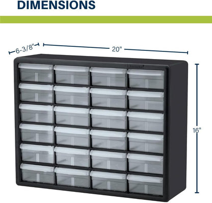 Akro-Mils 24-Drawer Plastic Drawer Storage Cabinet for Garage Organization, Bead Organizer, Building Bricks Storage, Teacher Toolbox, Makeup Organizer, 20" W x 6" D x 16" H, 10124 Black