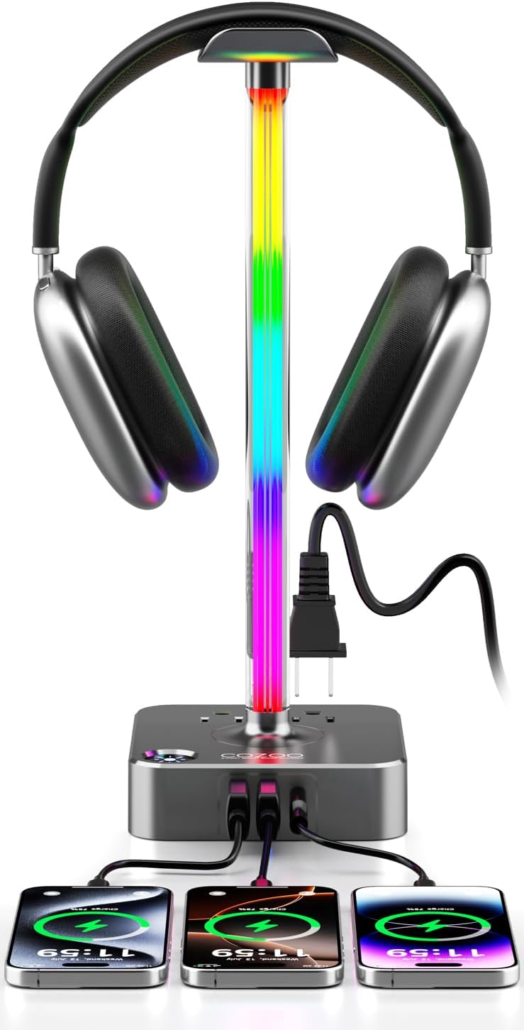 COZOO Headphone Stand with USB Charger Desktop Gaming Headset Holder Hanger with 3 USB Charging Station and 2 Outlets Power Strip,Suitable for Gaming, DJ,Wireless Earphone Display, Gamer Gifts for Men