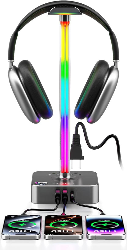 COZOO Headphone Stand with USB Charger Desktop Gaming Headset Holder Hanger with 3 USB Charging Station and 2 Outlets Power Strip,Suitable for Gaming, DJ,Wireless Earphone Display, Gamer Gifts for Men