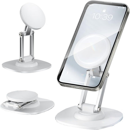 Magnetic Phone Stand for Desk 360 Rotating Adjustable Foldable Aluminum for MagSafe Cell Phone Stand Holder with Non-Slip Base Desk Stand for iPhone 17 16 Pro Max/15/14/13/12 Plus Air (White)