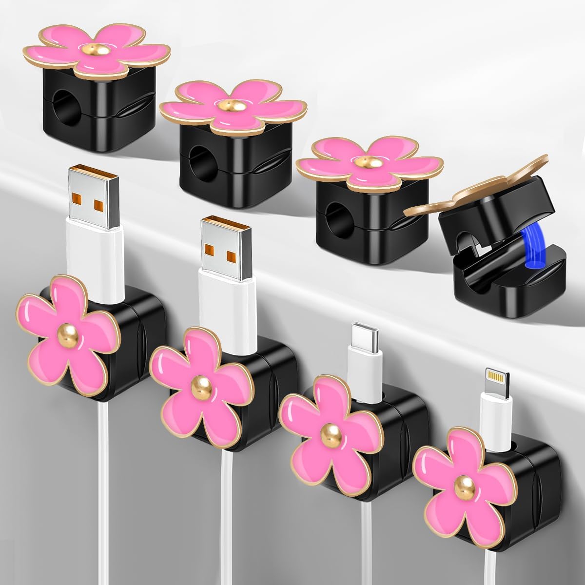 Magnetic Cord Organizer, Easy Secure Adhesive Cable Management, Wire Holder Organizer, Hide Or Organize Phone USB Charger Cable Clips for Home,Office,Car,Desk,Nightstand (White Flower-8 Pack)
