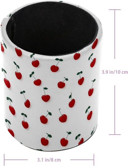 Leather Pen Holder for Desk, Love Cherry Pencil Organizer Pencil Cup Desk Decor Makeup Brush Holder Multifunctional Office Supplies for Home,Office, School
