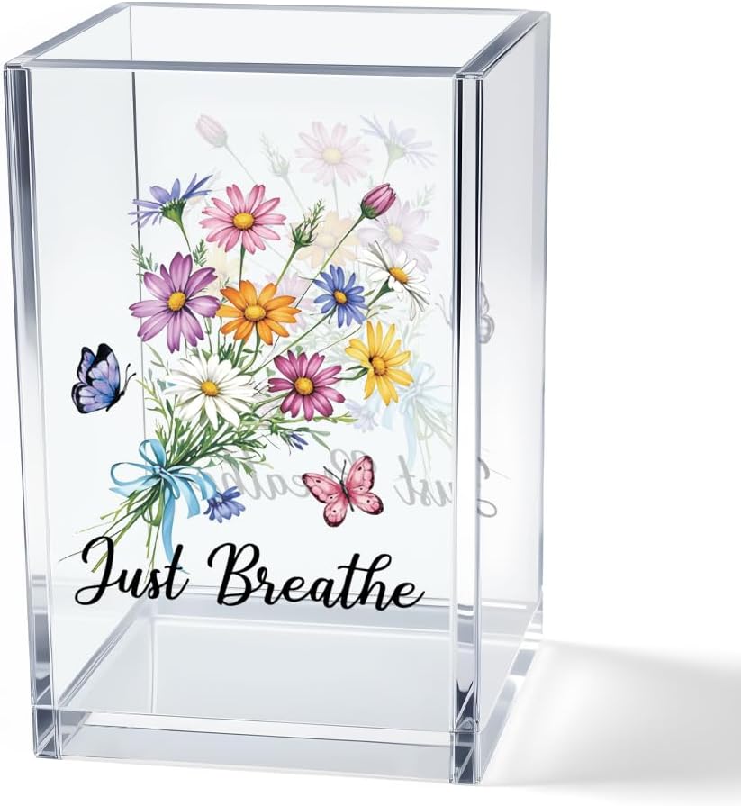 Just Breathe Acrylic Cosmetic Pencil Pen Holder Cup, Hope Inspirational Makeup Brush Organizer Holder, Women Faith Gifts, Encouragement Gifts for Women Mom Daughter Sister Friend Yoga Teacher