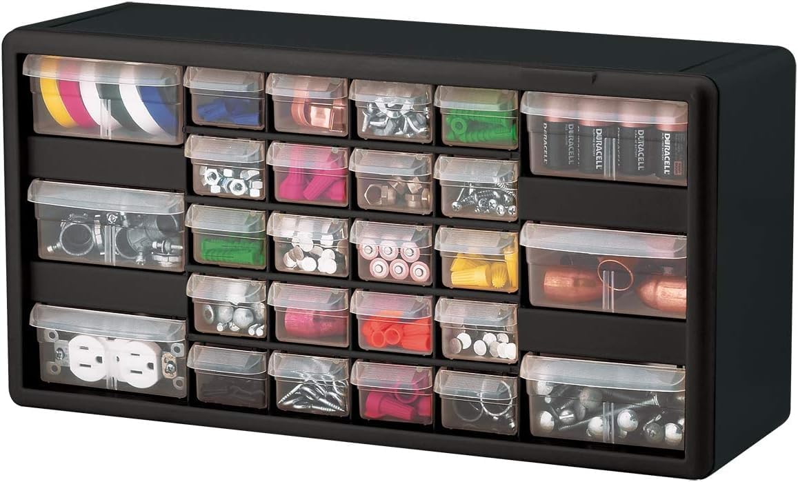Akro-Mils 24-Drawer Plastic Drawer Storage Cabinet for Garage Organization, Bead Organizer, Building Bricks Storage, Teacher Toolbox, Makeup Organizer, 20" W x 6" D x 16" H, 10124 Black