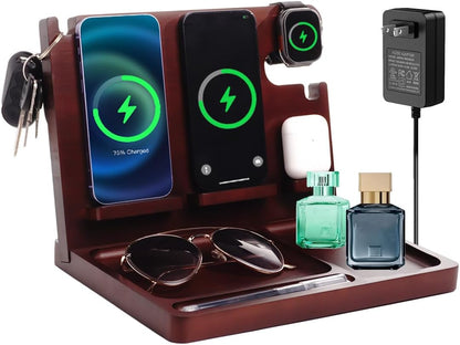 Nightstand Organizer with 4 Wireless Charger for 2 iPhone/Android Phone,Apple Watch,Airpod,Wood Phone Docking Station,27W Fast Wireless Charging Station,Wallet/Key Holder,Gifts for Dad/Men
