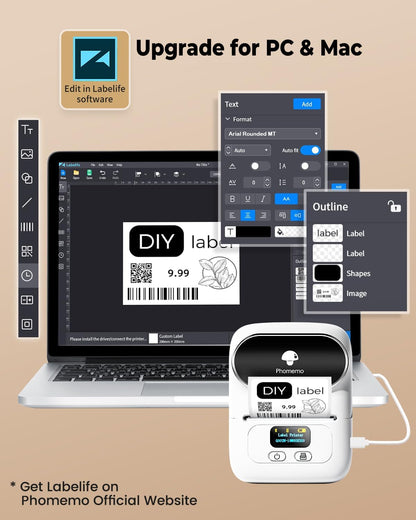 Phomemo Label Printer M110- Small Address Label Maker Bluetooth No Ink Portable for Small Business, Address, Office, Home for Phone; for PC/Mac(USB), with 100 Labels, Baby Pink