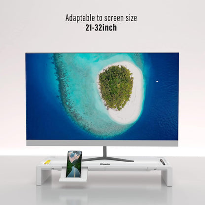OImaster Monitor Stand Riser, Foldable Computer Monitor Riser, Adjustable Length Computer Stand and Storage Drawer & Pen Slot, Phone Stand Compatible Computer, Desktop, Laptop, Save Space (White-Basic)