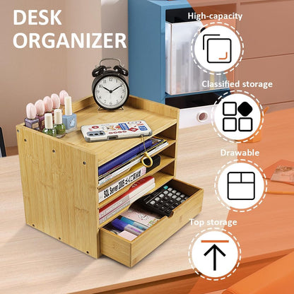 KKTONER 5-Tier Bamboo Desk Organizer with Drawer Tabletop File Organizer Document Holder with Shelf Desktop Cabinet for Home Office School Supplies (Natural)